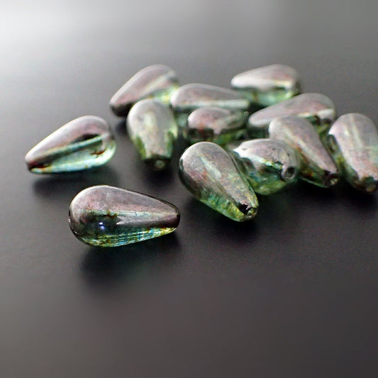 Lumi Green Luster Teardrops - 16 Pressed Glass Beads 15x8mm Rustic Mottled Finish for Jewelry Making - 15mm Tear Drops