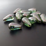 Lumi Green Luster Teardrops - 16 Pressed Glass Beads 15x8mm Rustic Mottled Finish for Jewelry Making - 15mm Tear Drops