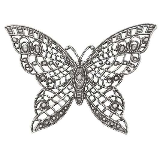 Large Butterfly Filigree with Lacy Wings - Rare - Antiqued Silver Ox - Intricate Detail Dapt Wings - 1 Piece - High Quality European Brass