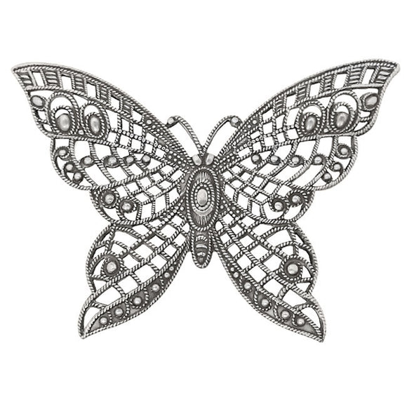 Large Butterfly Filigree with Lacy Wings - Rare - Antiqued Silver Ox - Intricate Detail Dapt Wings - 1 Piece - High Quality European Brass