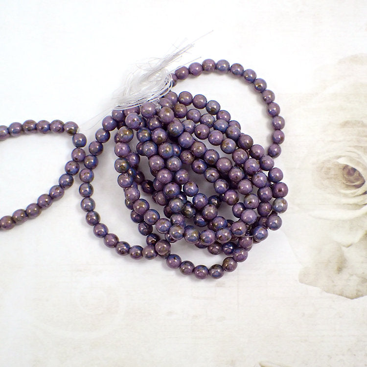 Czech Pressed Glass Beads - 6mm Smooth Round - Deep Purple Picasso