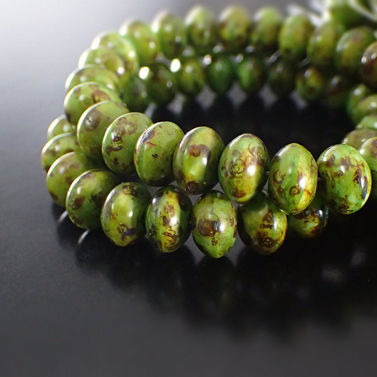 Green Silk with Full Picasso Artisan Czech Glass Rondelles - Light Grass Green Mix with Brown Speckled Picasso - 9x6mm 9mm - 25 Pieces