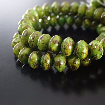 Green Silk with Full Picasso Artisan Czech Glass Rondelles - Light Grass Green Mix with Brown Speckled Picasso - 9x6mm 9mm - 25 Pieces