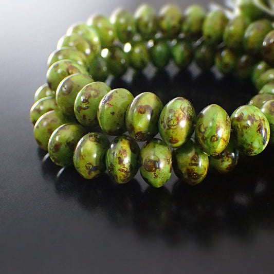 Green Silk with Full Picasso Artisan Czech Glass Rondelles - Light Grass Green Mix with Brown Speckled Picasso - 9x6mm 9mm - 25 Pieces