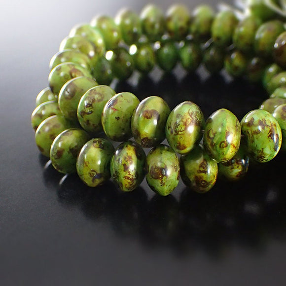 Green Silk with Full Picasso Artisan Czech Glass Rondelles - Light Grass Green Mix with Brown Speckled Picasso - 9x6mm 9mm - 25 Pieces