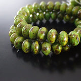 Green Silk with Full Picasso Artisan Czech Glass Rondelles - Light Grass Green Mix with Brown Speckled Picasso - 9x6mm 9mm - 25 Pieces