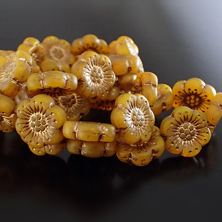 Matte Translucent Marigold Flower Beads with Bronze Wash - Artisan Czech Pressed Glass - Opaline Yellow Orange Flat Coins - 18mm - 2 Pieces
