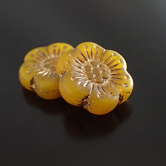 Matte Translucent Marigold Flower Beads with Bronze Wash - Artisan Czech Pressed Glass - Opaline Yellow Orange Flat Coins - 18mm - 2 Pieces