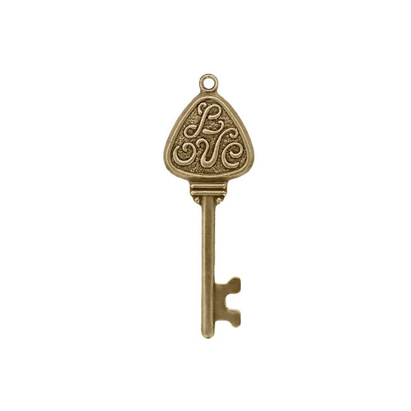 Love Key Brass Pendants - Antiqued Brass Ox Bronze Colored Key Charms with Hole and Flat Backs- USA Made Scrapbook Embellishments