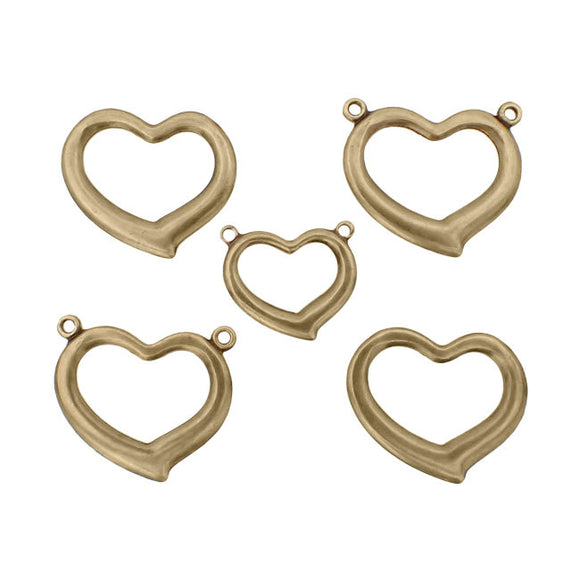 Assortment of Brass Heart Connectors - Solid Flat Back Nickel-Free USA Made Antiqued Brass - Stamping Mix with Loops