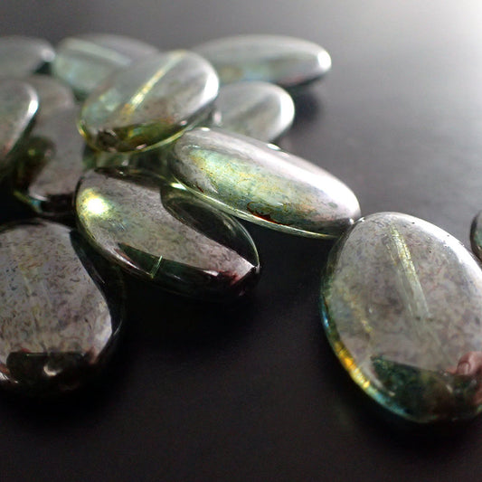 Lumi Green Luster Ovals - 15 Pressed Glass Beads 16x11mm Rustic Mottled Finish for Jewelry Making - Flat Oval Beads