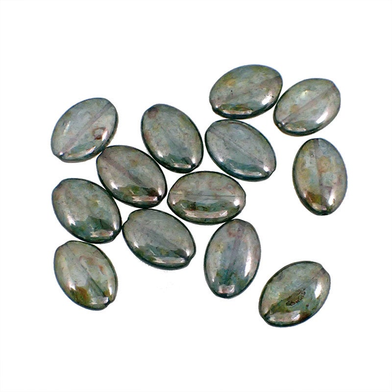 Lumi Green Luster Ovals - 15 Pressed Glass Beads 16x11mm Rustic Mottled Finish for Jewelry Making - Flat Oval Beads