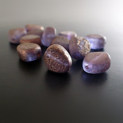 Etched Bronze Purple Czech Glass Nugget Beads - Matte Translucent Stone Luster Finish 11mm Pressed Chunky Beads - Purple Lumi