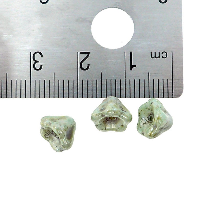 Czech Glass Bell Flower Beads - Chalk White Green Luster - 25 Pieces 8x6mm 8mm Flower Beads - Light Rustic Green