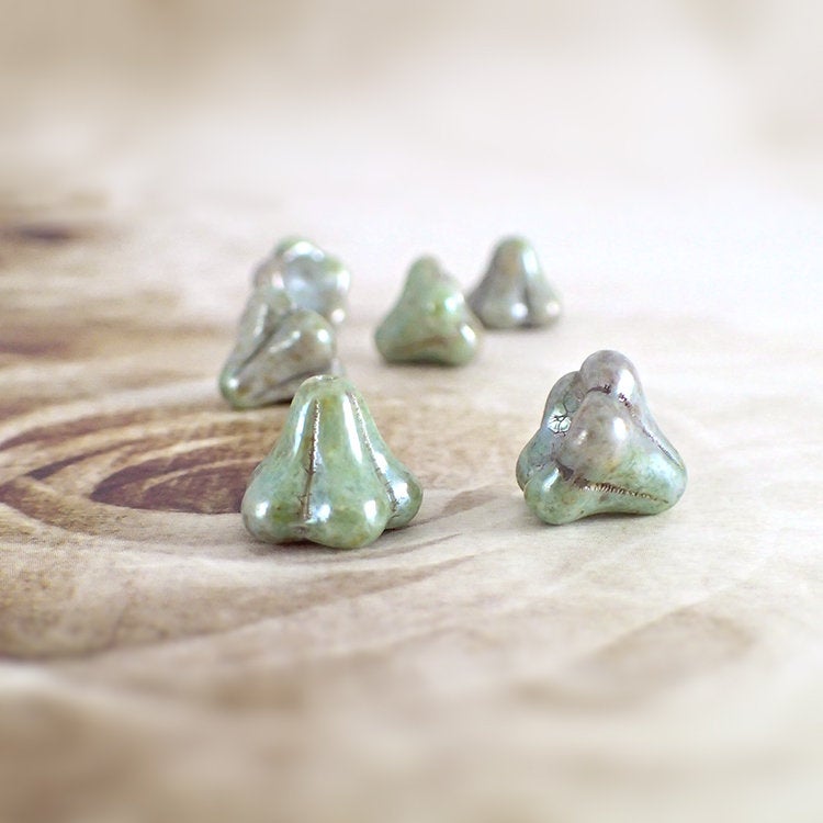 Large Czech Glass Bell Flower Beads - Chalk White Green Luster - 6 Pieces 13x11mm Flower Beads - Light Pastel Rustic Green