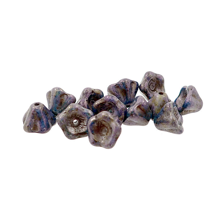 Deep Purple Rustic Bronze Picasso Luster Czech Pressed Glass Bell Flower Beads - 25 Pieces 8x6mm 8mm Dark Purple