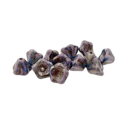 Deep Purple Rustic Bronze Picasso Luster Czech Pressed Glass Bell Flower Beads - 25 Pieces 8x6mm 8mm Dark Purple