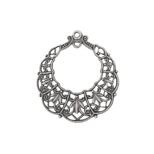 Filigree Hoops with Loop - Detailed Antiqued Silver Ox for Earrings - 2 Pieces - European Filigree Victorian French Renaissance Style