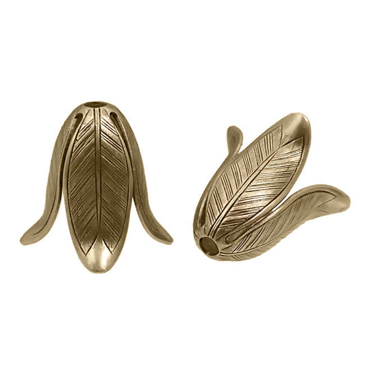 Large Flower Caps - 2 Pieces - Antiqued Brass Ox - Tall 3D Flower Stampings with Petal Veins USA Made - Vintage Style Jewelry Supplies