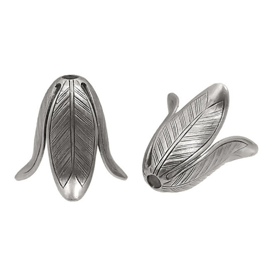 Large Flower Caps - 2 Pieces - Antiqued Silver Ox Plated Brass - Tall 3D Flower Stampings 4 Petals USA Made - Vintage Style Jewelry Supplies