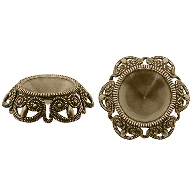 Filigree Setting for 14mm Rivoli Stones - 1 Piece European German Made Antiqued Brass Ox - For Pointed Back Swarovski 1122 Vintage Style