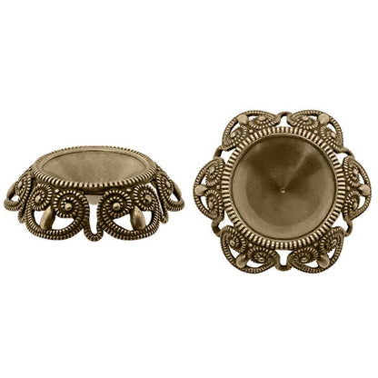 Filigree Setting for 14mm Rivoli Stones - 1 Piece European German Made Antiqued Brass Ox - For Pointed Back Swarovski 1122 Vintage Style