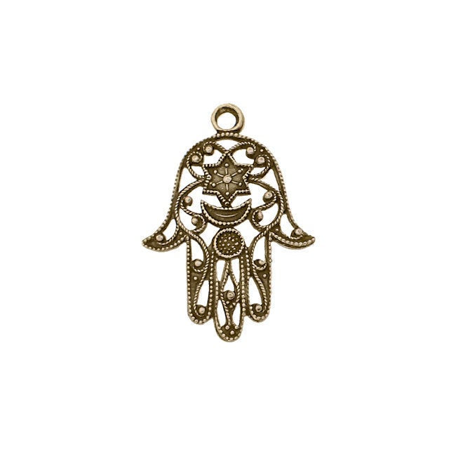 Hamsa Hand Filigree Charm Drops - Antiqued Brass Ox Pendants - Hand of Fatima Good Luck Symbol - 2 Pieces
