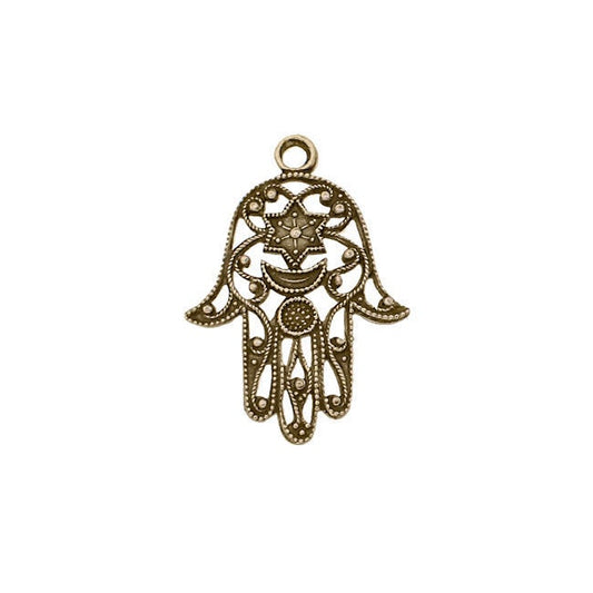 Hamsa Hand Filigree Charm Drops - Antiqued Brass Ox Pendants - Hand of Fatima Good Luck Symbol - 2 Pieces