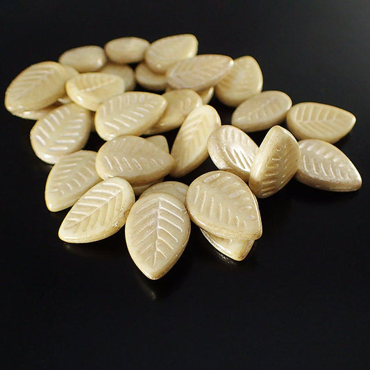 Opaque Ivory with Mercury Finish Leaf Beads - 6 Pieces - 16x12mm - Czech Glass Leaves - Side Drilled