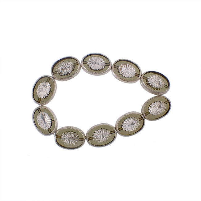 Green Grey Czech Glass Beads with Metallic Silver Patina - 14x10mm 10x14mm Oval - Czech Table Cut Flat with Carved Star Pattern - 6 Pieces