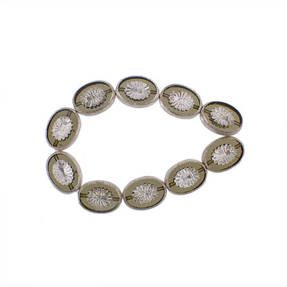 Green Grey Czech Glass Beads with Metallic Silver Patina - 14x10mm 10x14mm Oval - Czech Table Cut Flat with Carved Star Pattern - 6 Pieces