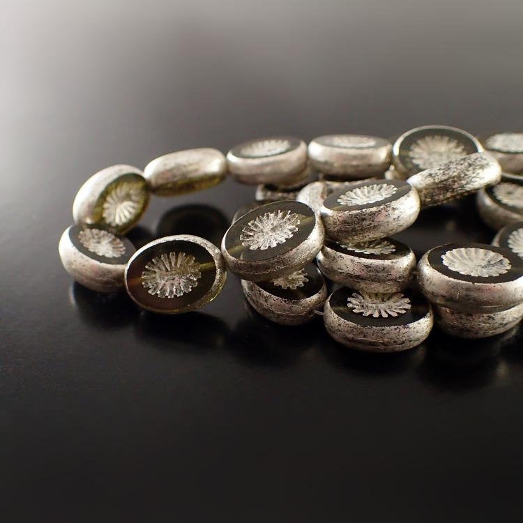 Green Grey Czech Glass Beads with Metallic Silver Patina - 14x10mm 10x14mm Oval - Czech Table Cut Flat with Carved Star Pattern - 6 Pieces