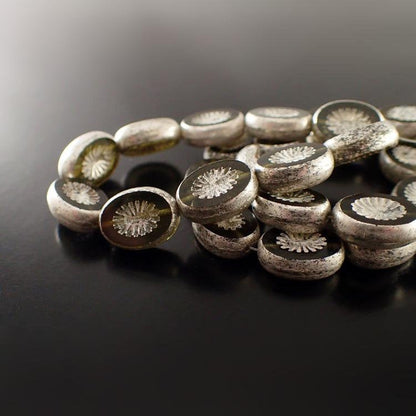 Green Grey Czech Glass Beads with Metallic Silver Patina - 14x10mm 10x14mm Oval - Czech Table Cut Flat with Carved Star Pattern - 6 Pieces