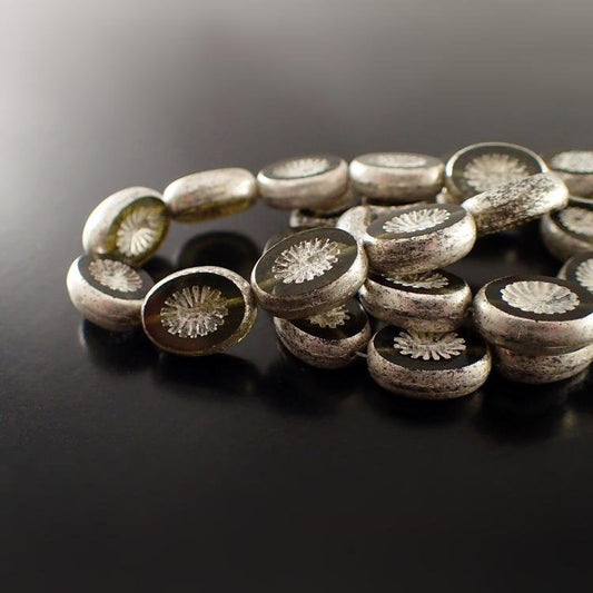 Green Grey Czech Glass Beads with Metallic Silver Patina - 14x10mm 10x14mm Oval - Czech Table Cut Flat with Carved Star Pattern - 6 Pieces