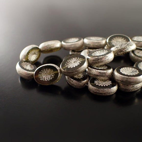 Green Grey Czech Glass Beads with Metallic Silver Patina - 14x10mm 10x14mm Oval - Czech Table Cut Flat with Carved Star Pattern - 6 Pieces