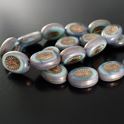 Mint Silk Czech Glass Beads with Purple and Bronze Patina - 14x10mm 10x14mm Oval - Czech Table Cut Flat with Carved Star Pattern - 6 Pieces