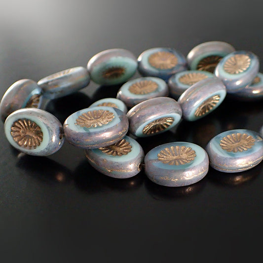 Mint Silk Czech Glass Beads with Purple and Bronze Patina - 14x10mm 10x14mm Oval - Czech Table Cut Flat with Carved Star Pattern - 6 Pieces