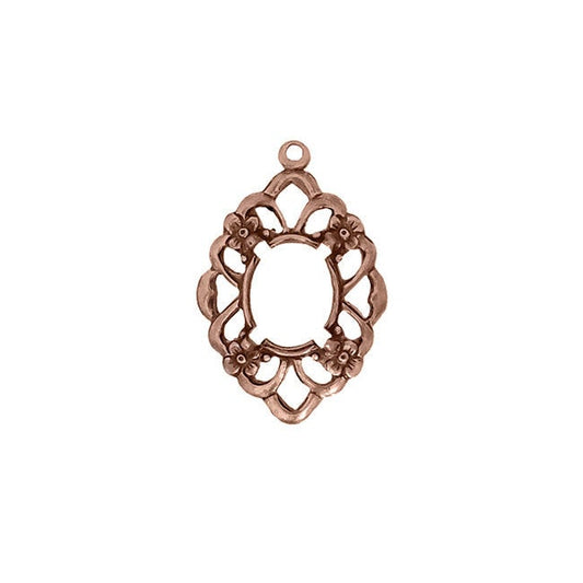 Floral Filigree Settings for 10x8mm Flat Back Stones and Cabochons - Antiqued Copper Ox with Prongs - Nickel Free Made in the USA with Loop