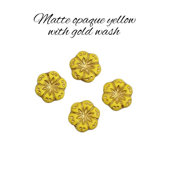 Matte Opaque Yellow Flower Beads with Gold Wash - Artisan Czech Pressed Glass Beads - Flat Coin Flowers - 12mm 12 mm - 4 Pieces