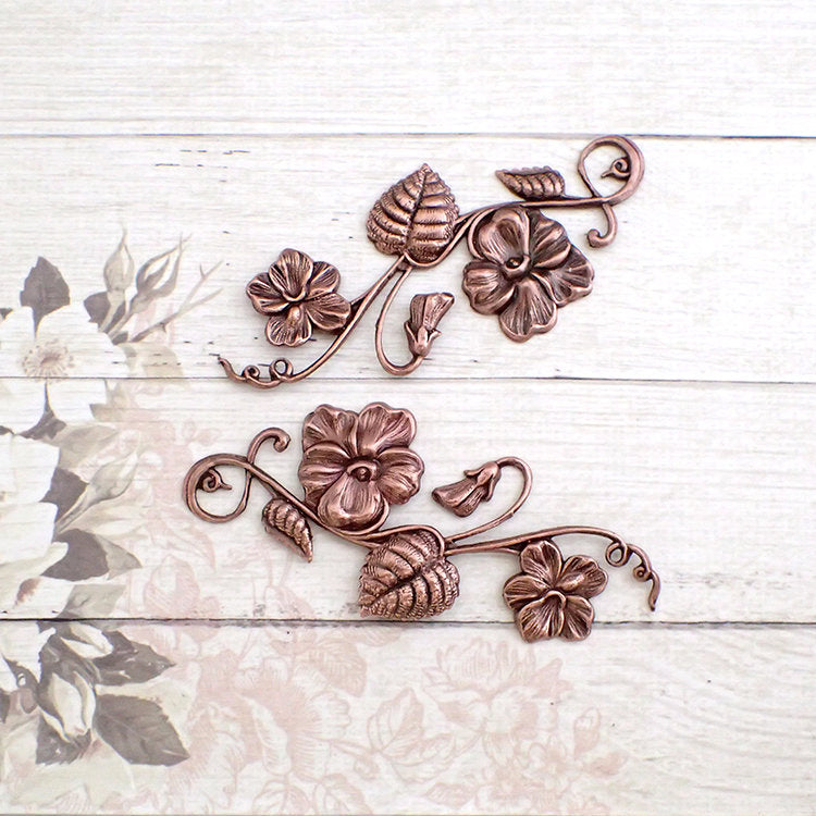 Large Floral Stamping - Antiqued Copper Ox - Art Nouveau Flourish with Flowers and Leaves Scrapbooking Metal Embellishment - 1 Piece