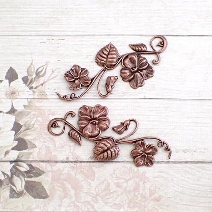 Large Floral Stamping - Antiqued Copper Ox - Art Nouveau Flourish with Flowers and Leaves Scrapbooking Metal Embellishment - 1 Piece
