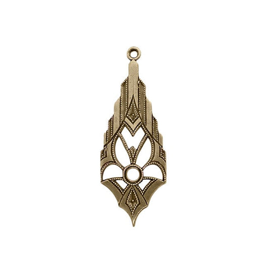 Fabulous Art Deco Pendant Drop - Antiqued Brass Ox Pendant with Round Stone Setting - 2 Pieces - European Made Brass
