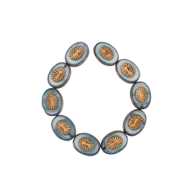Mint Silk Czech Glass Beads with Purple and Bronze Patina - 14x10mm 10x14mm Oval - Czech Table Cut Flat with Carved Star Pattern - 6 Pieces