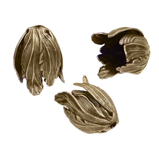 Large Tulip Caps - 2 Pieces - Antiqued Brass - 3D Flower End Cap Stampings Made in the USA - Vintage Style Jewelry Making Supplies