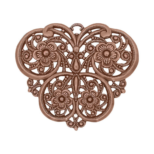 Large Filigree Butterfly Pendant - European Made Antiqued Copper Ox with Floral Design in the Wings