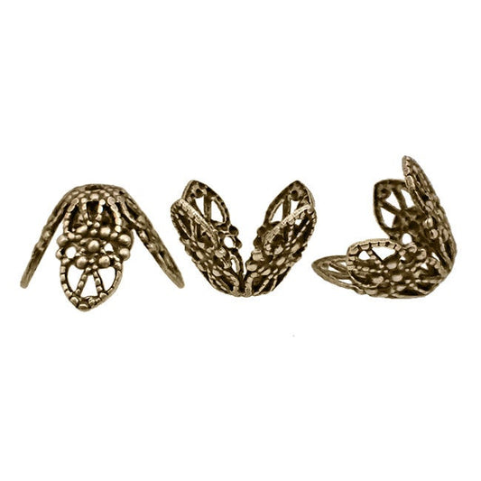 Filigree Bead Caps - USA Made - 4 Pieces - Antiqued Brass Ox - Pointed Petal Cone - Vintage Style Jewelry Making Suplies