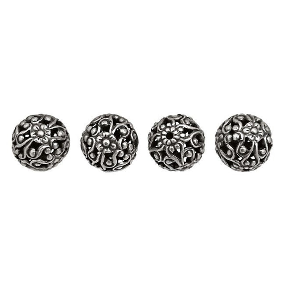 Exquisite Antique Silver Ox Floral Filigree Beads - 10mm - Dainty Detailed Flourish Pattern - 4 Pieces - High Quality Vintage European Brass