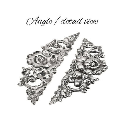 Small Floral Stamping - 2 Pieces - Antiqued Silver Ox - Victorian Art Nouveau Flourish Scrapbooking Metal Embellishment or Jewelry Base