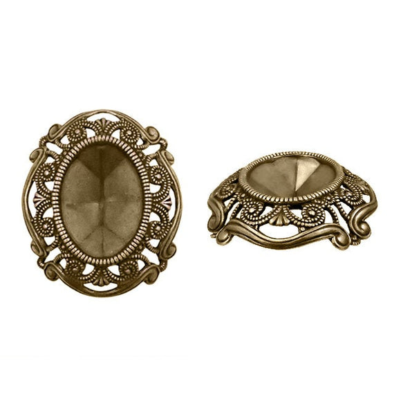 Filigree Setting for 18x13mm Oval Stones - 1 Piece European Made Antiqued Brass Bronze Ox for Fully Faceted 4120 Fancy Rhinestones