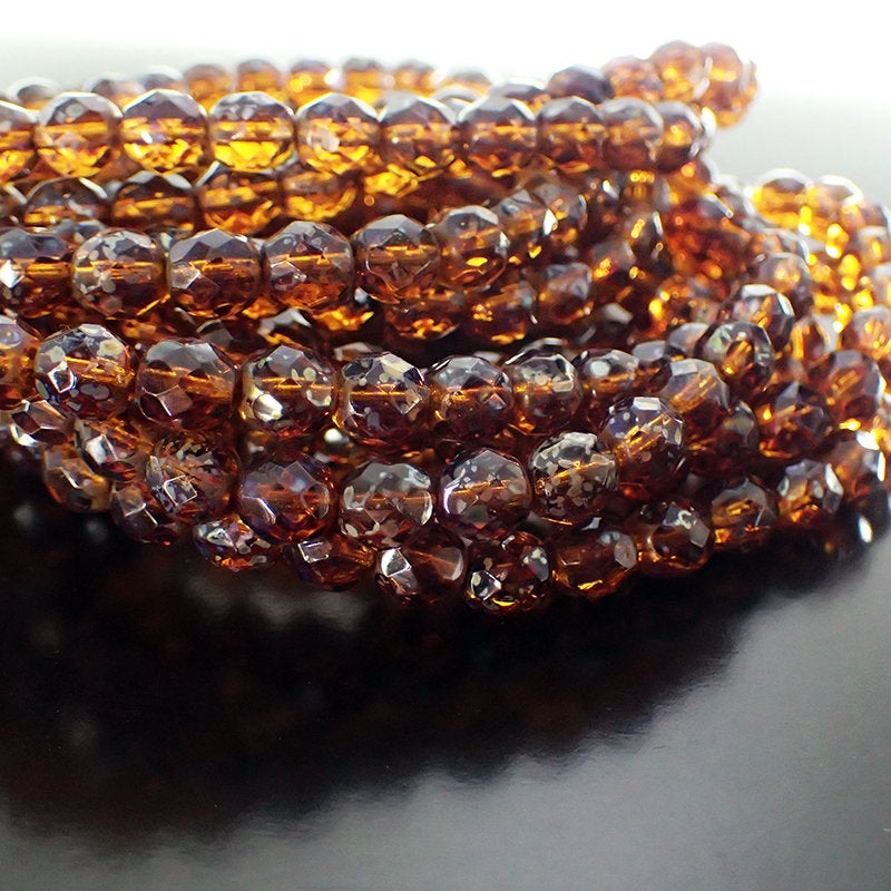 8mm Smoky Topaz Metallic Picasso Fire Polished Czech Glass Beads - 30 Pieces - Rustic Mottled Finish for Jewelry Making - 8 mm